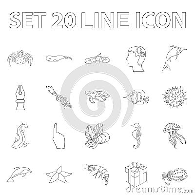 A variety of marine animals outline icons in set collection for design. Fish and shellfish vector symbol stock web Vector Illustration