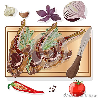 Variety of meat steaks on board with side products and herbs. Vector illustration Vector Illustration