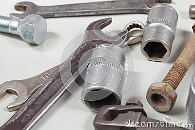 Variety of metal tools and parts for mechanical works closeup Stock Photo