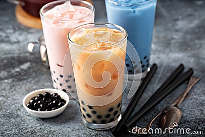 Variety of milk bubble tea in tall glasses Stock Photo