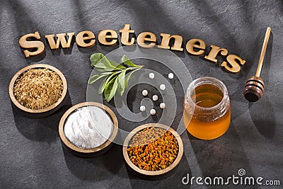 Variety of natural sweeteners - Sweetener phrase Stock Photo