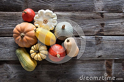 Variety of organic gourds, pumpkins, blue and kuri squashes Stock Photo