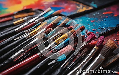 A row of paint brushes in vibrant colors like violet, magenta, and electric blue Stock Photo