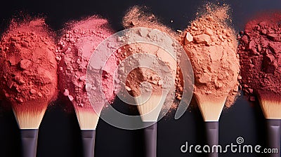 Variety pallet of broken makeup powder and blusher with soft brushes. Sample cosmetics concept. Generative AI Stock Photo