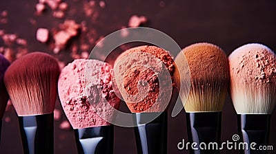 Variety pallet of broken makeup powder and blusher with soft brushes. Sample cosmetics concept. Generative AI Stock Photo