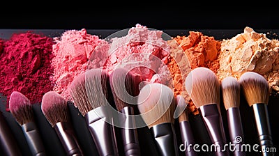 Variety pallet of broken makeup powder and blusher with soft brushes. Sample cosmetics concept. Generative AI Stock Photo