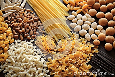 A variety of pasta made from different types of legumes, green and red lentils, mung beans and chickpeas. Gluten-free pasta. Pasta Stock Photo