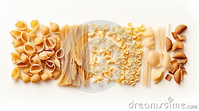A variety of pastas in compact bundles, including spaghetti, penne, and farfalle. Cartoon Illustration