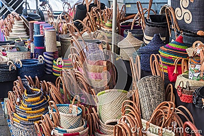 Variety of plaited baskets on a market stand Stock Photo