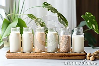 variety of plant-based milks in glass bottles on a wooden shelf Stock Photo