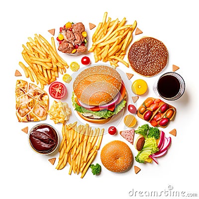 Variety of popular fast-food items, each isolated on a crisp white background. Stock Photo