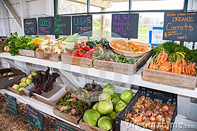 Variety Vegetables for Sale in Old Farm Roadside Stand Stock Photo