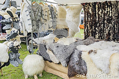 A variety of products made from the wool, and the fleeces of the sheep on the sheepshearingfestival in Exloo, the Netherlands Stock Photo