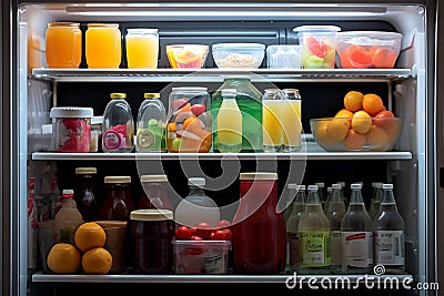 Variety of Products on Refrigerator Shelves. AI Stock Photo