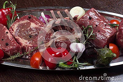 Variety of Raw Black Angus Prime meat steaks Machete, Blade on bone, New York Stock Photo