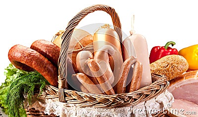 Variety of sausage products in basket. Stock Photo