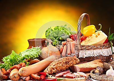 Variety of sausage products. Stock Photo