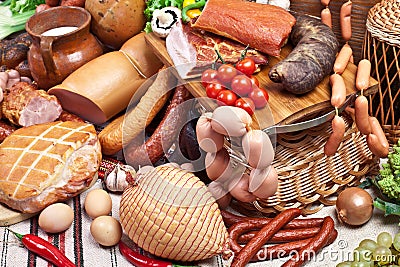 Variety of sausage products. Stock Photo