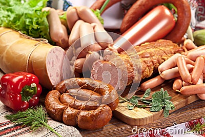 Variety of sausage products. Stock Photo