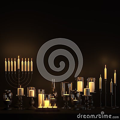 Variety shape candle holder on black background 3d render Cartoon Illustration