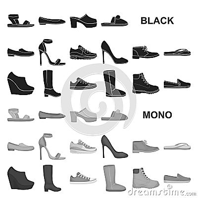 A variety of shoes black icons in set collection for design. Boot, sneakers vector symbol stock web illustration. Vector Illustration