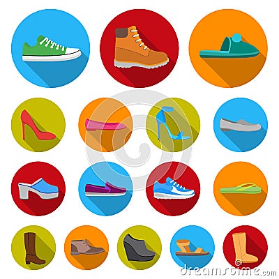 A variety of shoes flat icons in set collection for design. Boot, sneakers vector symbol stock web illustration. Vector Illustration