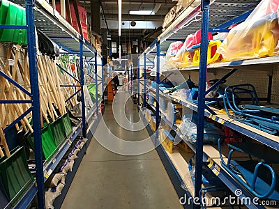 Snow shovels and sledges for sales at Selgros Editorial Stock Photo