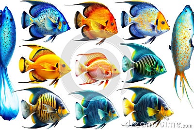 Variety of species of exotic fish of underwater world tropical fish isolated on white background Stock Photo