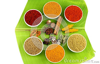 Variety of Spices on banana leaves Stock Photo