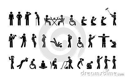 variety of standing and sitting poses, people in different situations, stickman stick figure, pictogram icons Vector Illustration