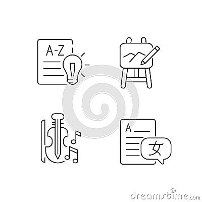 Variety of subjects in school linear icons set Vector Illustration