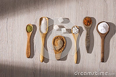 Variety of sugars on the table - Text space Stock Photo