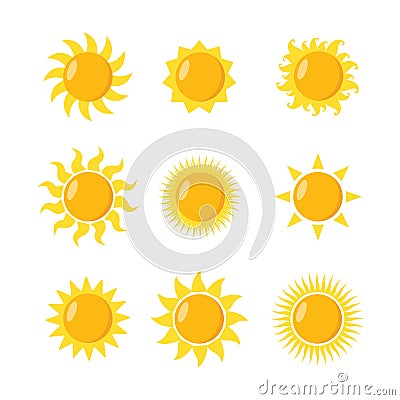 Variety of suns isolated on white background. Vector Illustration