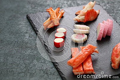 Variety of surimi products, imitation crab sticks Stock Photo