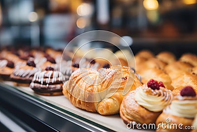 A variety of sweet pastries at the bakery shop Stock Photo