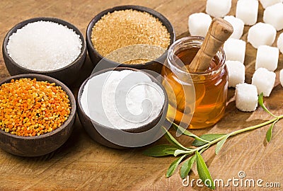 Variety of sweeteners - Sugar, stevia leaves, pollen and honey Stock Photo