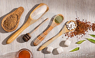 Variety of sweeteners - Sugar, stevia leaves, pollen and honey Stock Photo