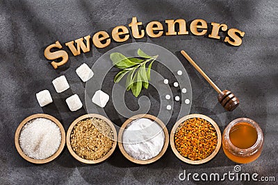 Variety of sweeteners - Sugar, stevia leaves, pollen and honey Stock Photo