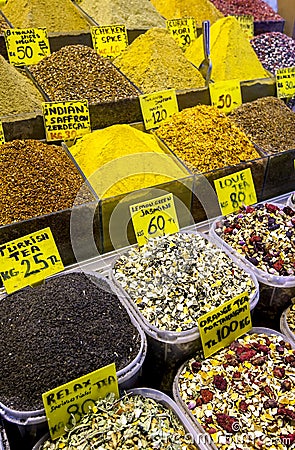 A variety of tea and spices on display at the Spice Bazaar in Istanbul in Turkey. Stock Photo