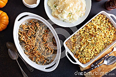 Variety of Thanksgiving sides on the table Stock Photo