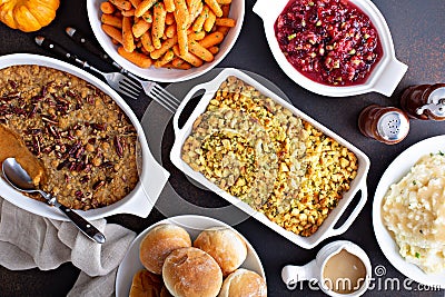 Variety of Thanksgiving sides on the table Stock Photo