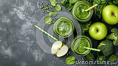 variety of three color green spinach kale apple yogurt smoothie . Ai Generative Stock Photo