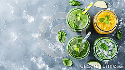variety of three color green spinach kale apple yogurt smoothie . Ai Generative Stock Photo