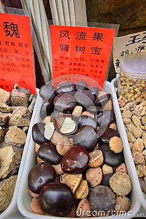 A variety of traditional Chinese and herbal medicines produced locally in Xinjiang, China, in the Grand Bazaar in Urumqi, Xinjiang Editorial Stock Photo