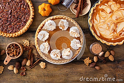 Variety of traditional Thanksgiving pies on light background Stock Photo