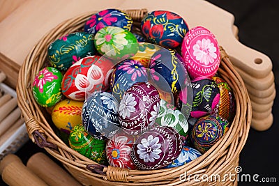 Painted easter eggs for sale at craft market Stock Photo