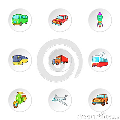 Variety of transport icons set, cartoon style Vector Illustration