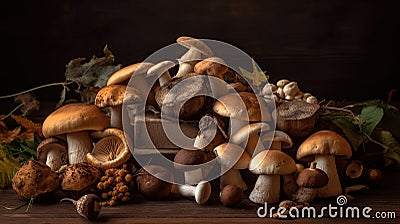 Variety of uncooked wild forest mushrooms yellow boletus, birch mushrooms, russules over dark textured background. generative ai Stock Photo