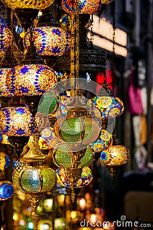 Variety of vibrant glass light fixtures on display in Grand Bazar in Istanbul Editorial Stock Photo