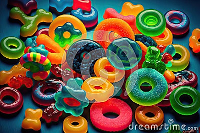 a variety of vibrant gummy candy. looking up. jelly doughnuts Gummi bears Stock Photo